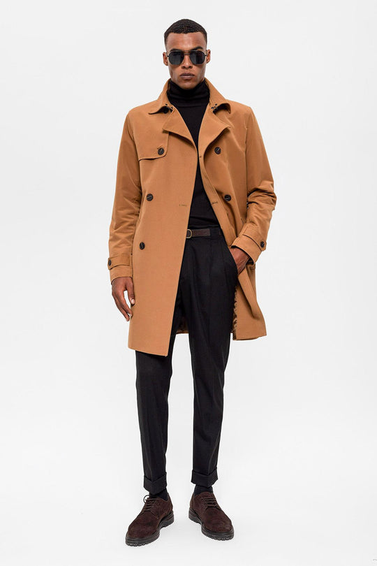 Мужской светло-коричневый двубортный тренч с поясом - Wessi