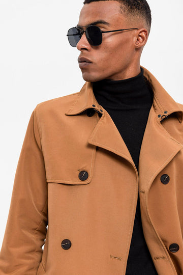 Мужской светло-коричневый двубортный тренч с поясом - Wessi