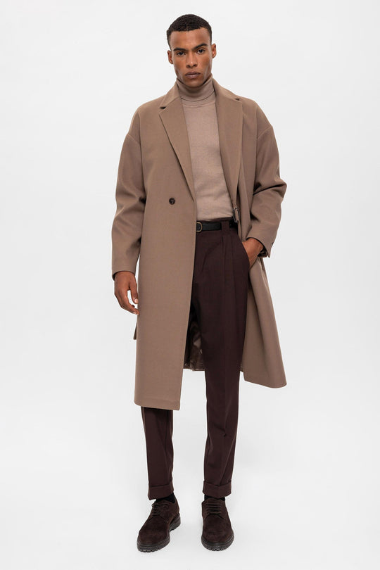 Beige Belted Oversize Men Coats - Wessi