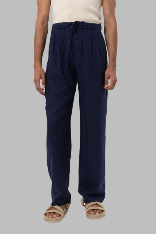 Men's Navy Blue Navy Belted Linen Blend Pants - Wessi