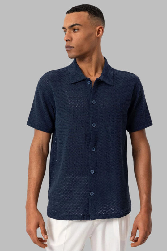 mens short sleeve navy blue dress shirt Men's Navy Blue Navy Textured Short-Sleeve Shirt - Wessi – Wessi