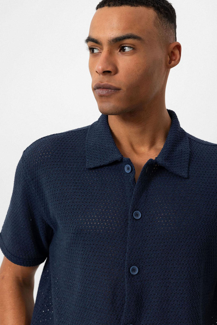 Camicia a maniche corte testurizzata blu navy da uomo - Wessi