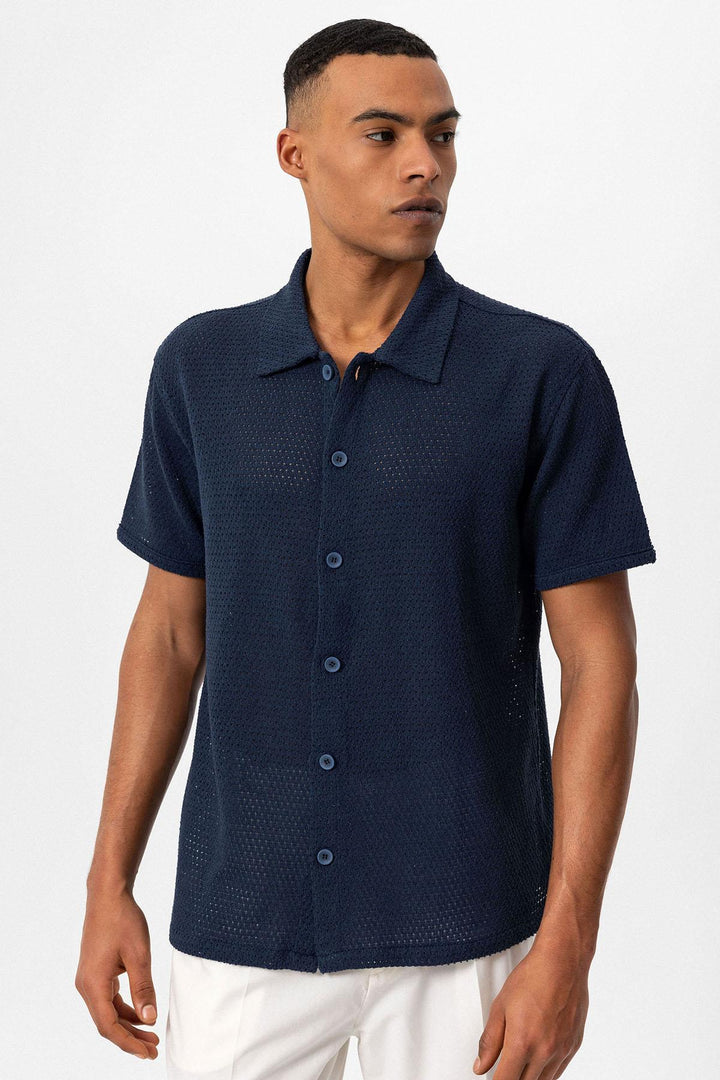 Camicia a maniche corte testurizzata blu navy da uomo - Wessi