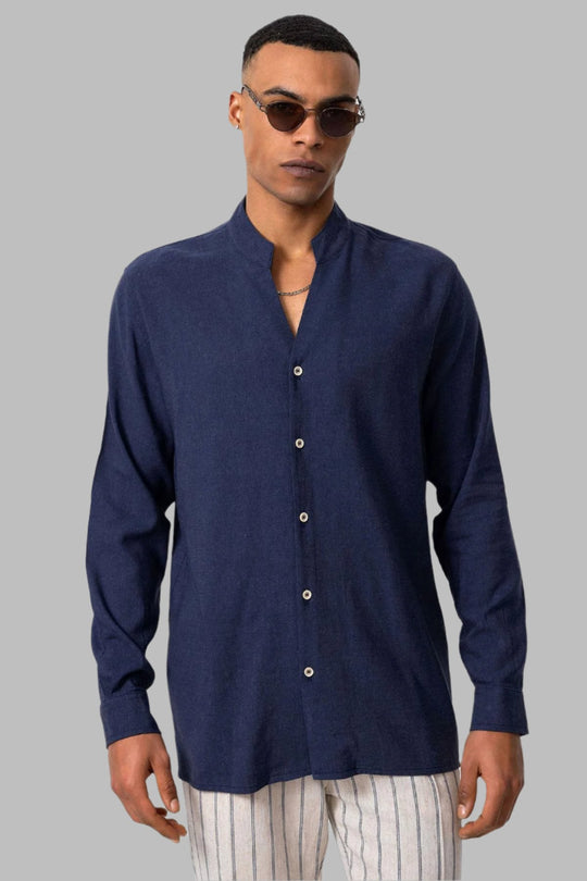 Camisa Manga Larga Azul Marino Cuello Mao Marino Hombre - Wessi