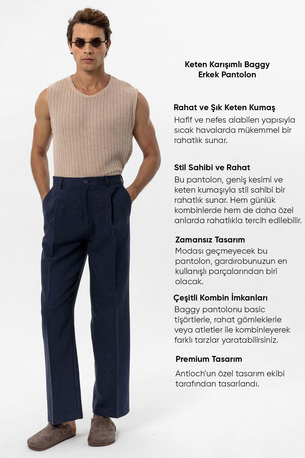 Men's Navy Blue Navy Linen Blend Baggy Pants - Wessi – Wessi