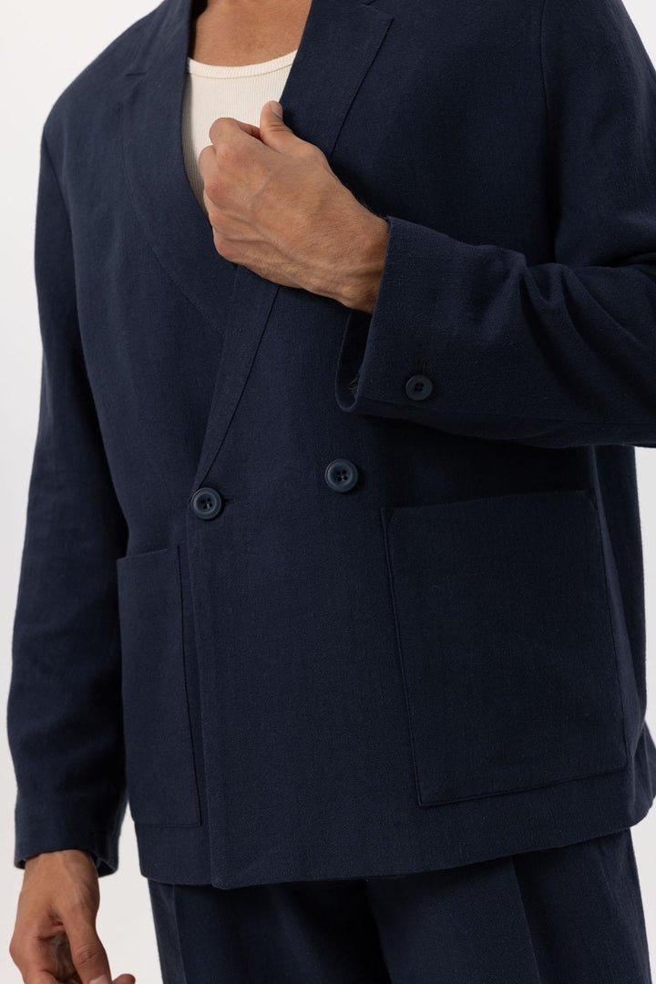 Veste Croisée Homme Bleu Marine en Lin Mélangé - Wessi
