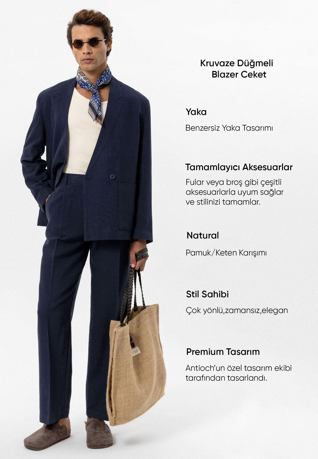 Veste Croisée Homme Bleu Marine en Lin Mélangé - Wessi