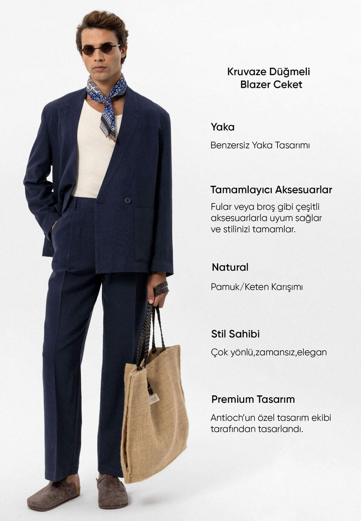 Veste Croisée Homme Bleu Marine en Lin Mélangé - Wessi