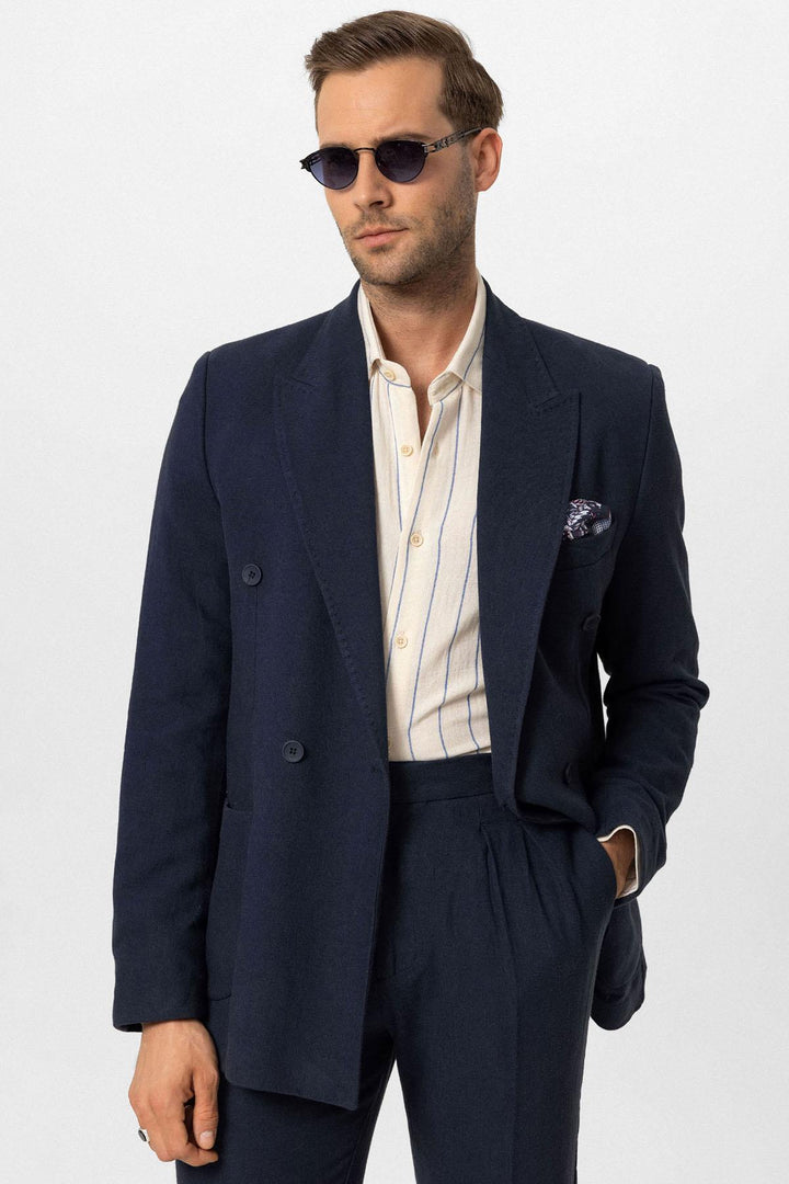 Giacca da uomo in misto lino doppiopetto blu navy blu navy - Wessi