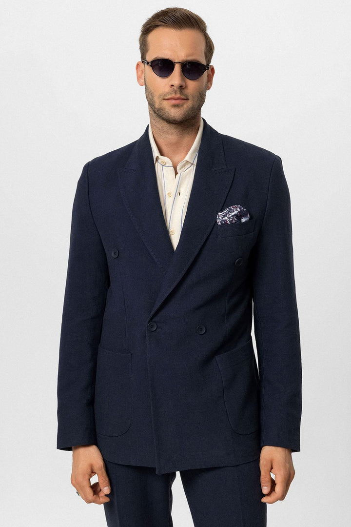 Giacca da uomo in misto lino doppiopetto blu navy blu navy - Wessi