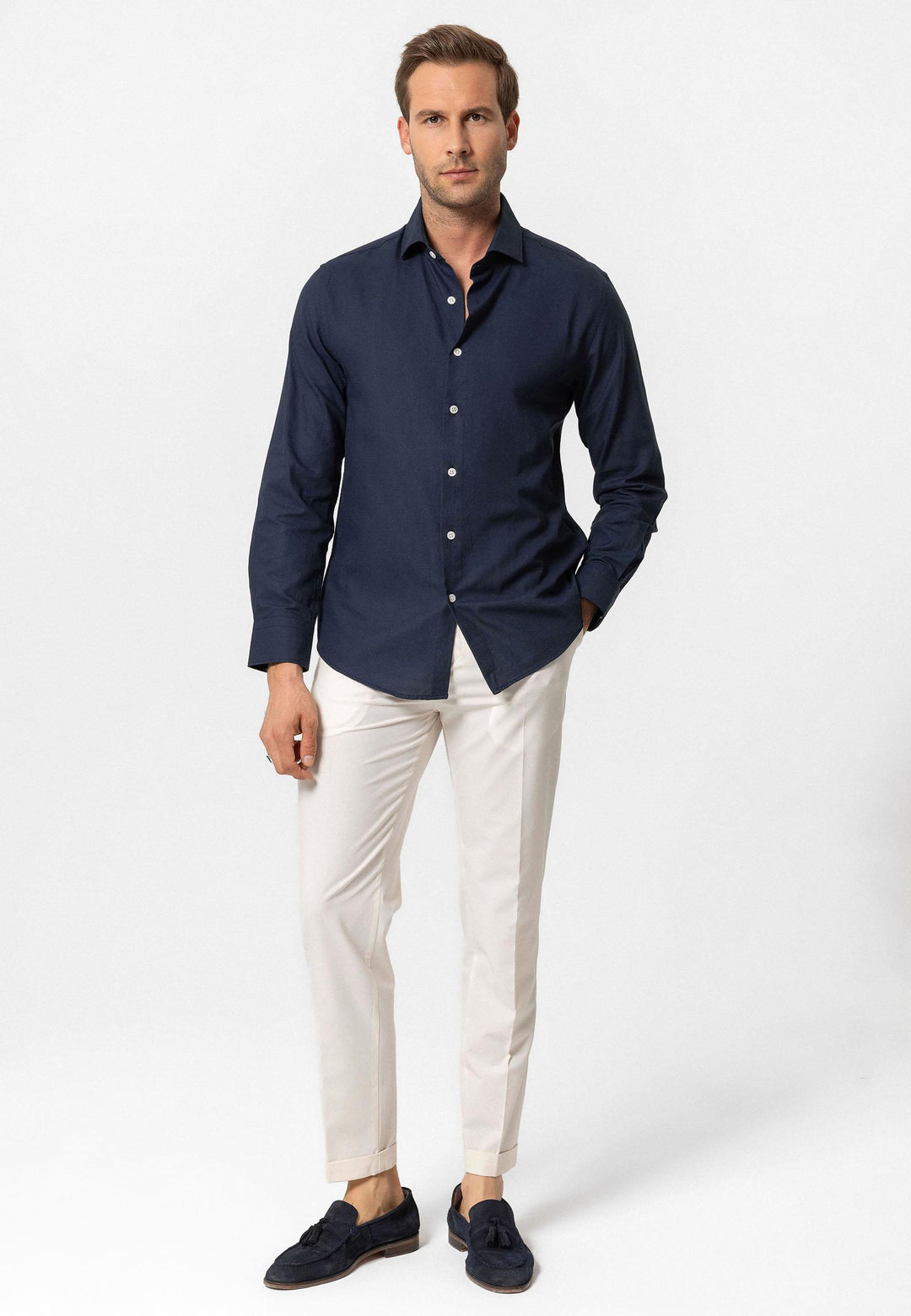 Темно-синий мужская рубашка с длинным рукавом Slim Fit - Wessi
