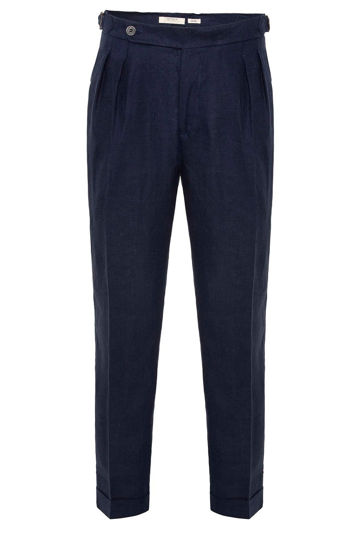 Pantalón Plisado Hombre Azul Marino Cintura Alta 100% Lino Marino - Wessi
