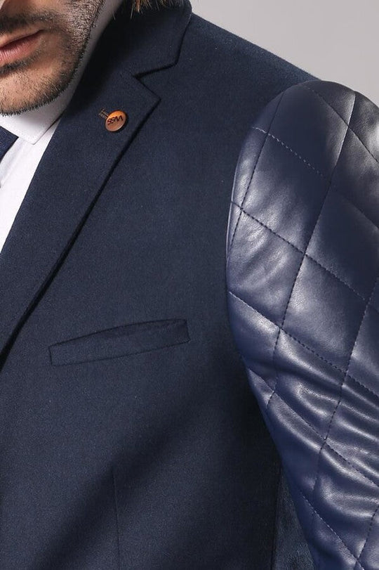 Leathered Sleeve Quilted Navy Blue Cache Blazer - Wessi