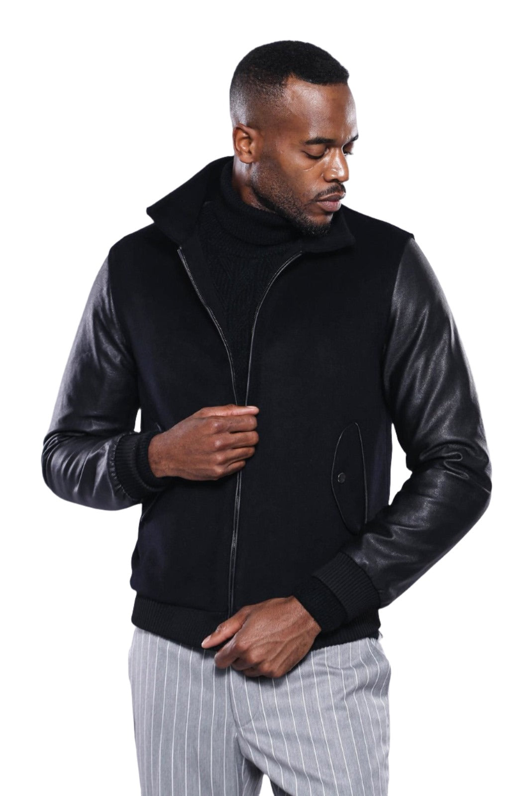 Cappotto cachet nero con maniche in pelle | Wess