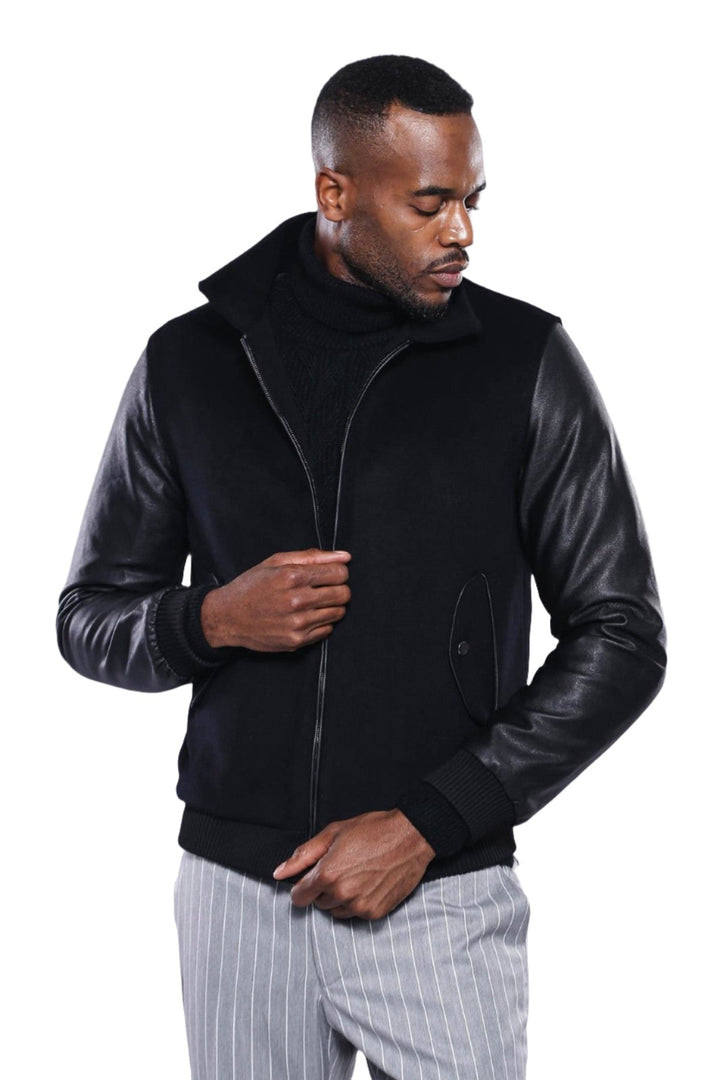 Cappotto cachet nero con maniche in pelle | Wess