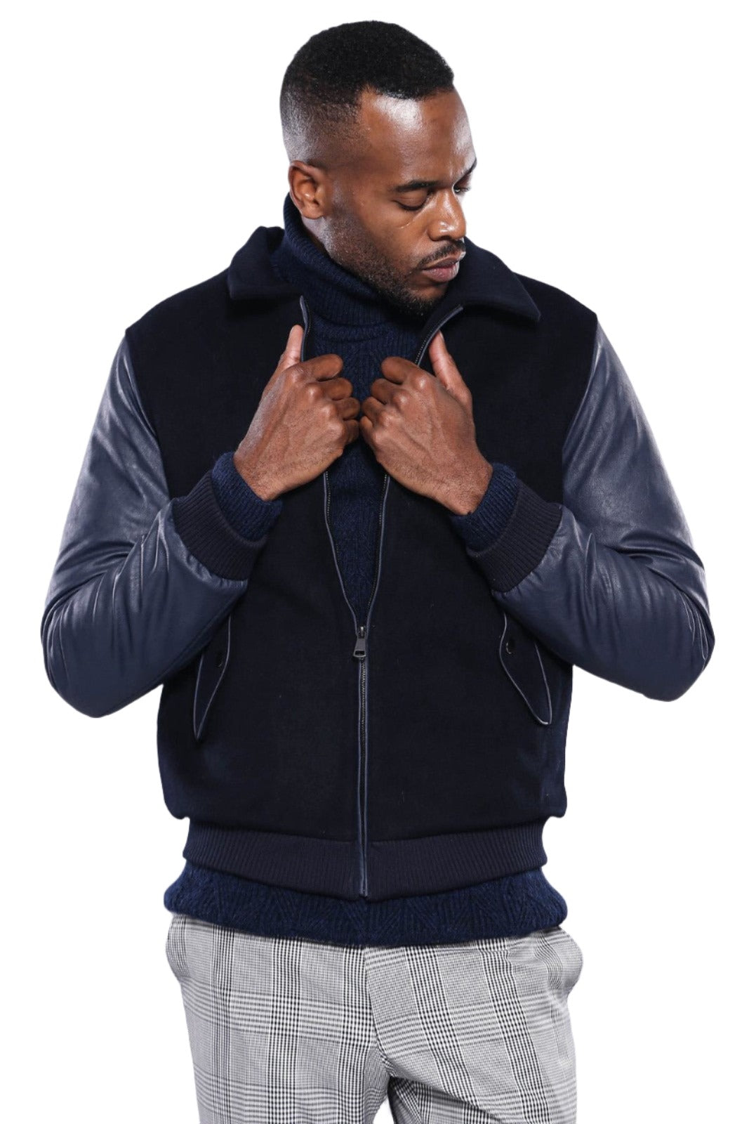 Cappotto cachet blu navy con maniche in pelle | Wess