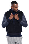 Cappotto cachet blu navy con maniche in pelle | Wess