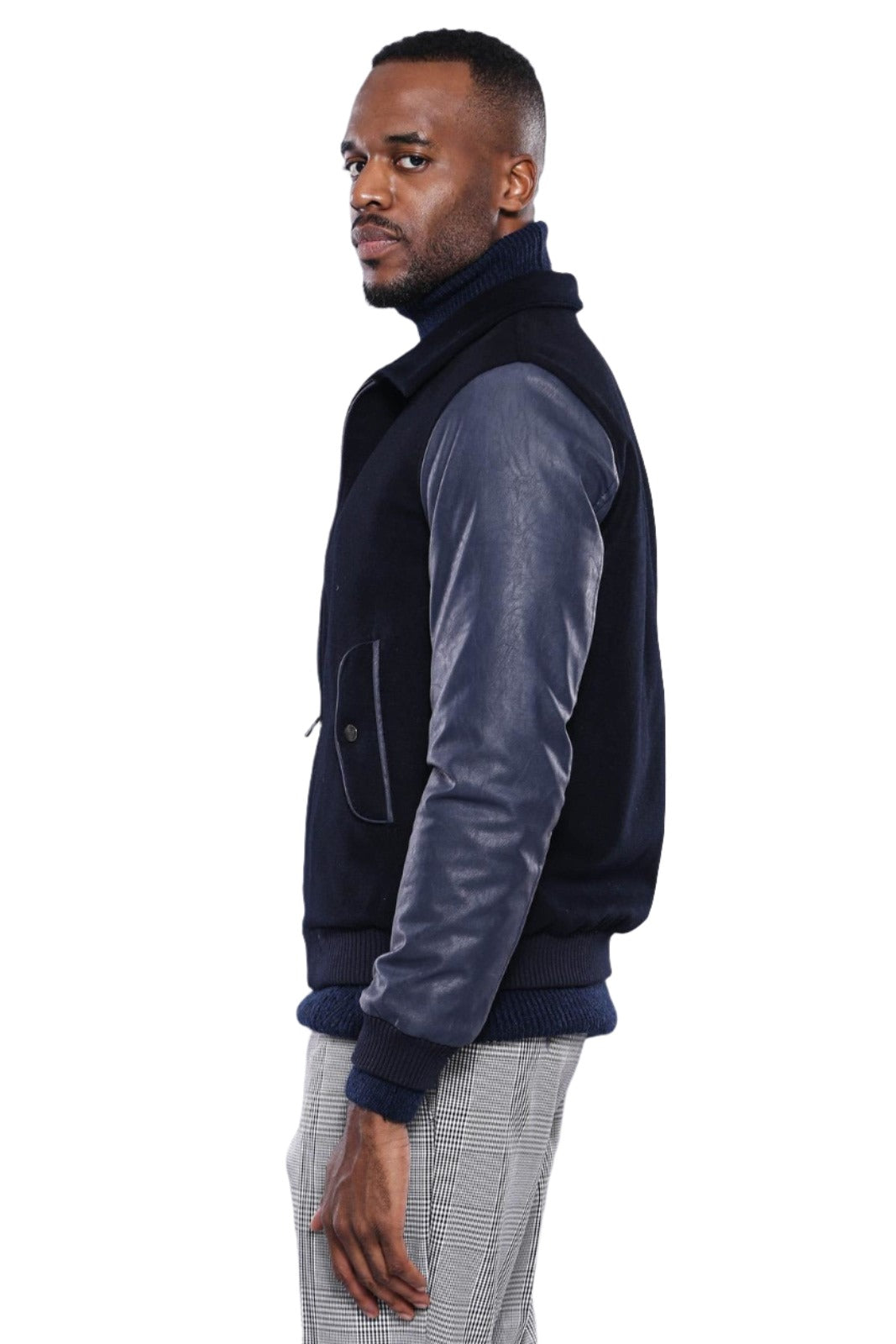 Cappotto cachet blu navy con maniche in pelle | Wess