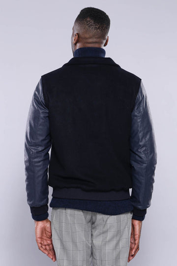 Manteau Cachet Bleu Marine à Manches en Cuir | Wess