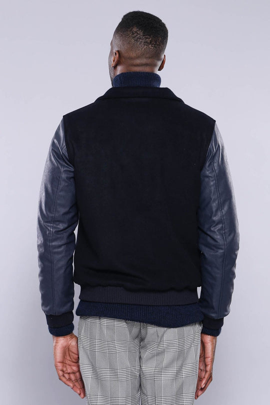 Manteau Cachet Bleu Marine à Manches en Cuir | Wess