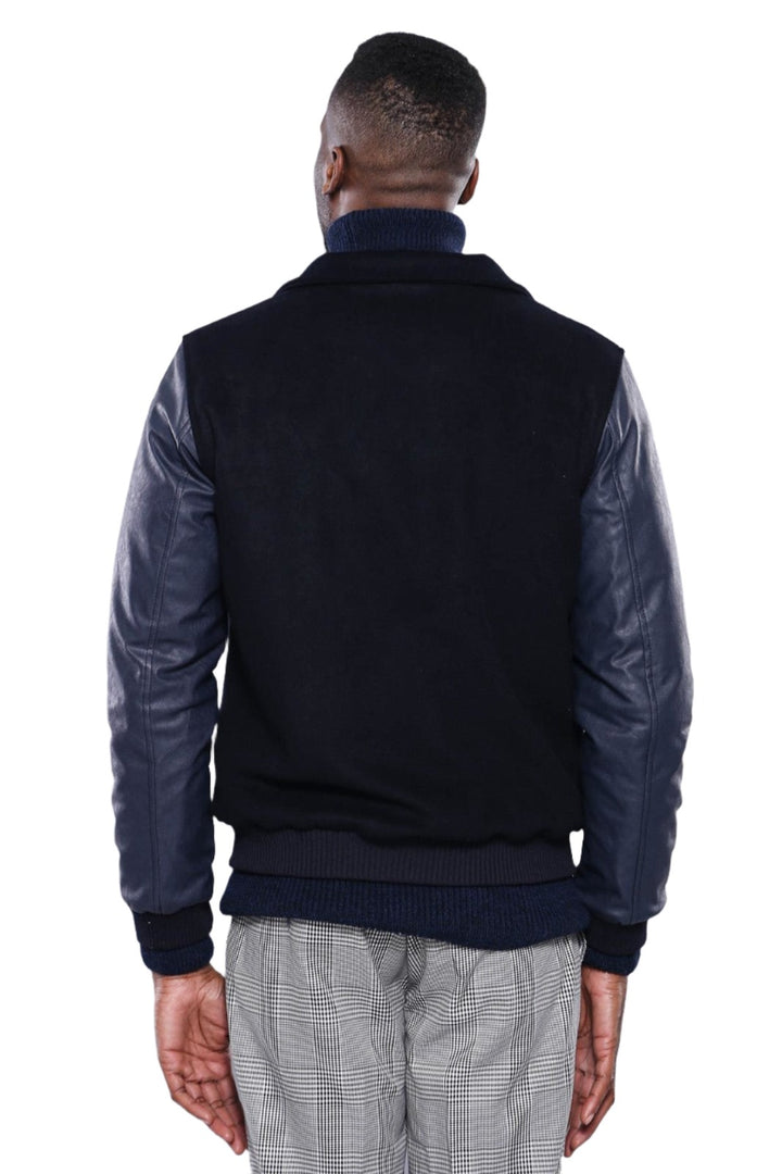 Cappotto cachet blu navy con maniche in pelle | Wess