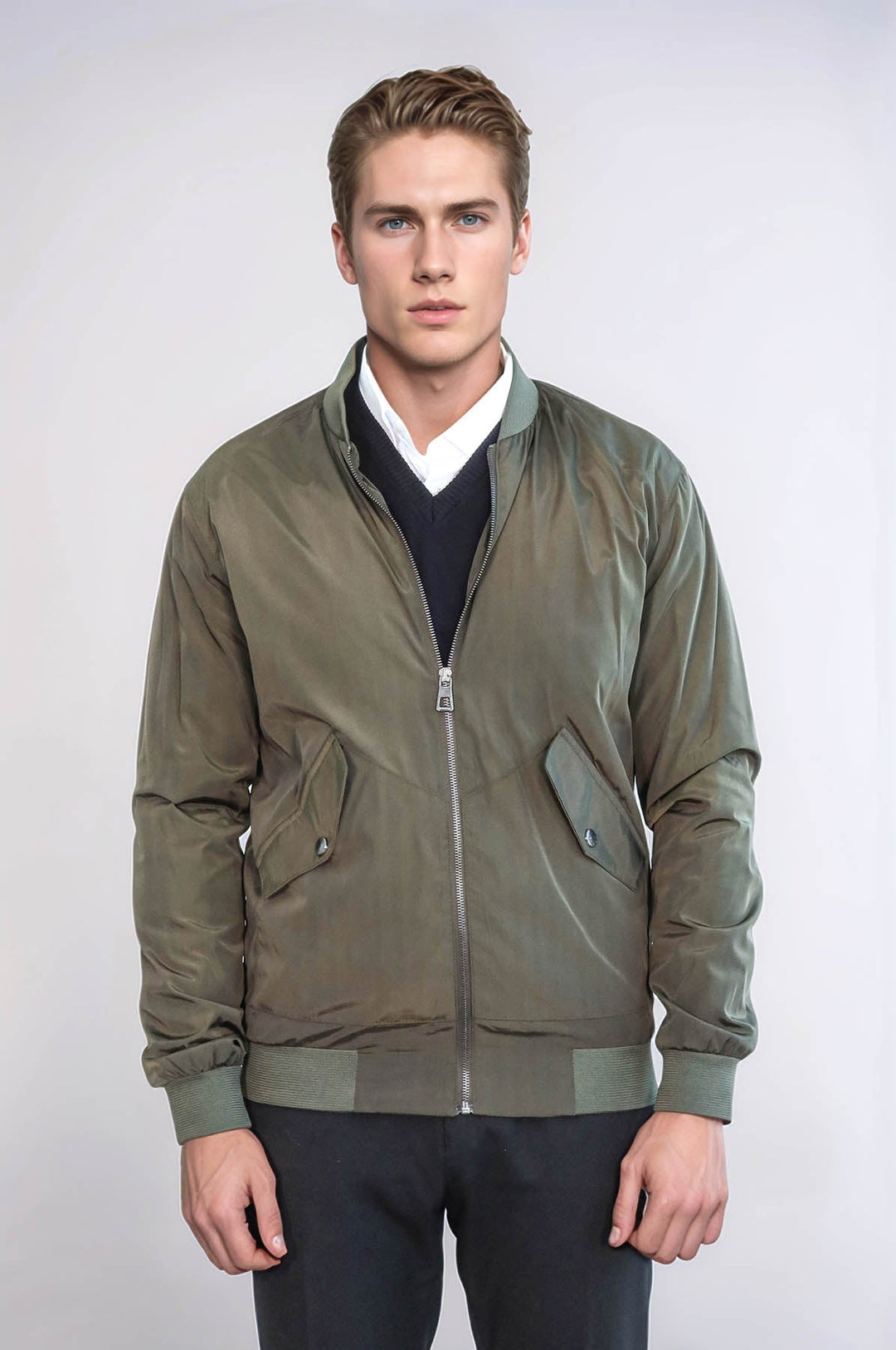 Zippered Flap Pockets Khaki Men Bomber Coat - Wessi