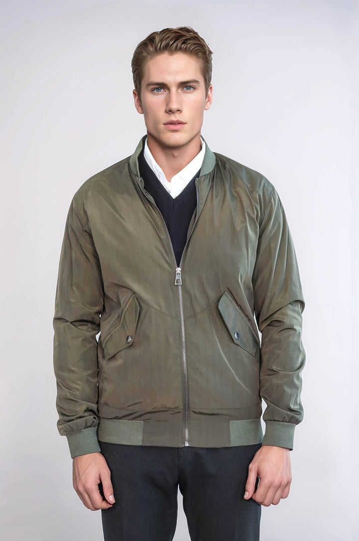 Zippered Flap Pockets Khaki Men Bomber Coat - Wessi
