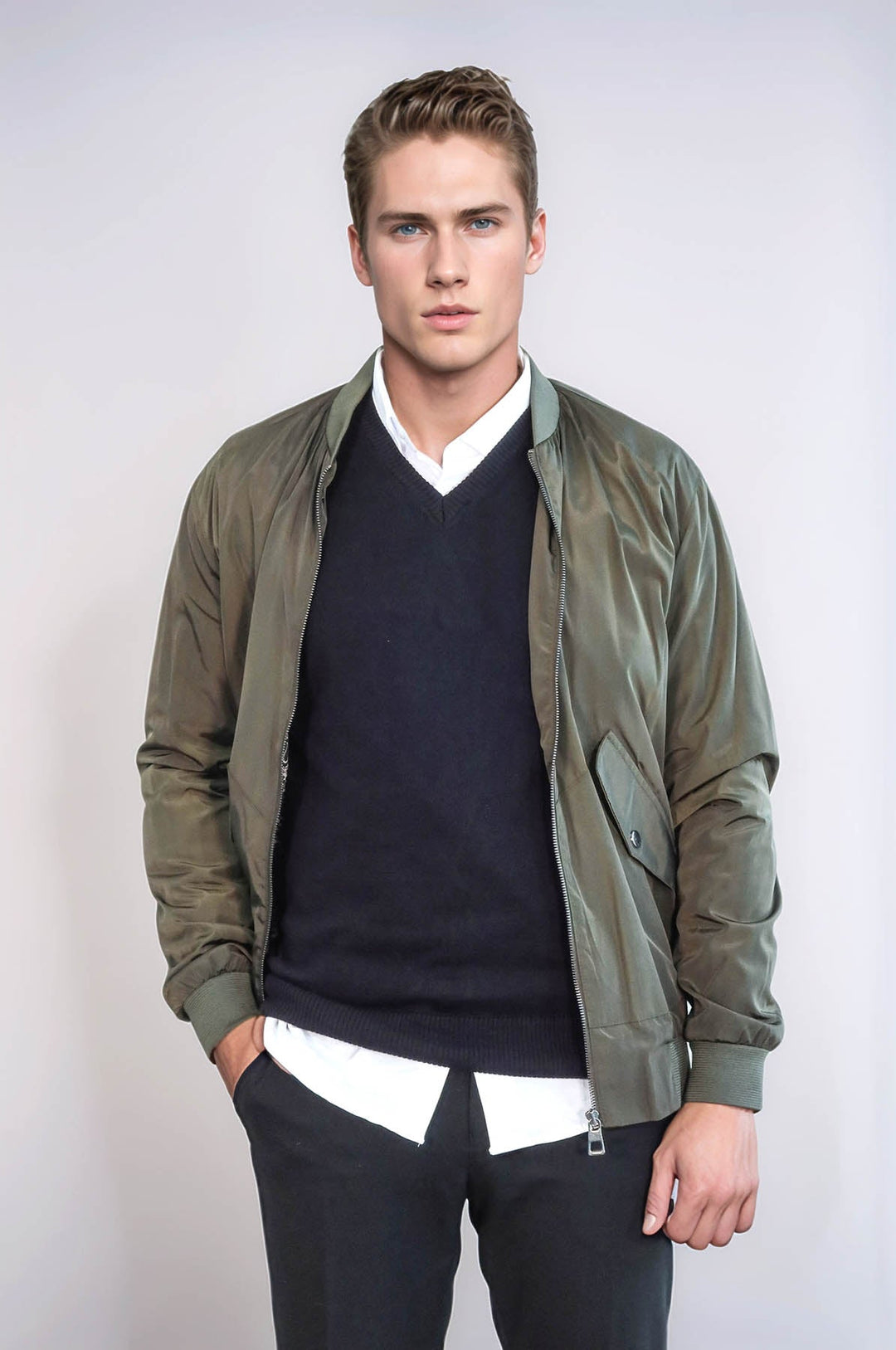 Zippered Flap Pockets Khaki Men Bomber Coat - Wessi