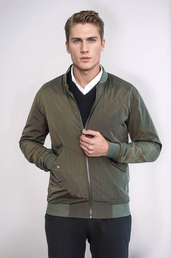 Zippered Flap Pockets Khaki Men Bomber Coat - Wessi