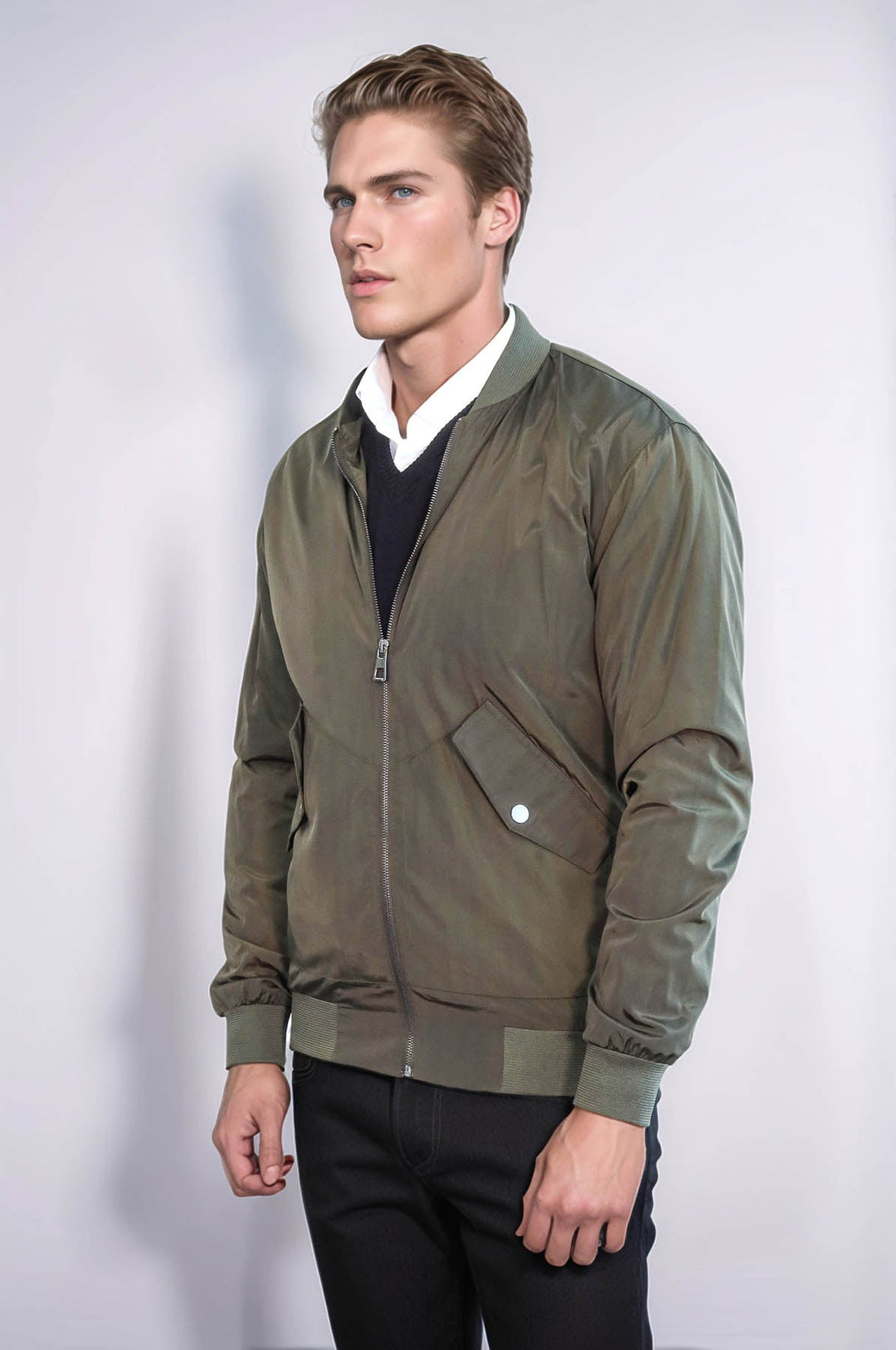 Zippered Flap Pockets Khaki Men Bomber Coat - Wessi