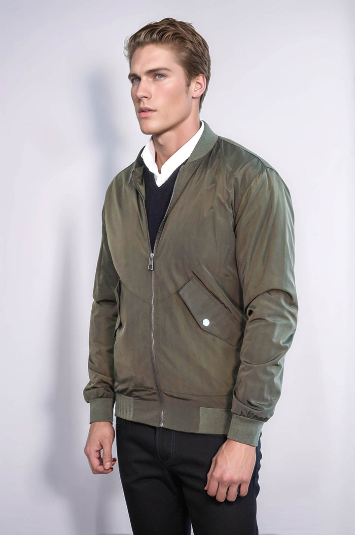 Zippered Flap Pockets Khaki Men Bomber Coat - Wessi
