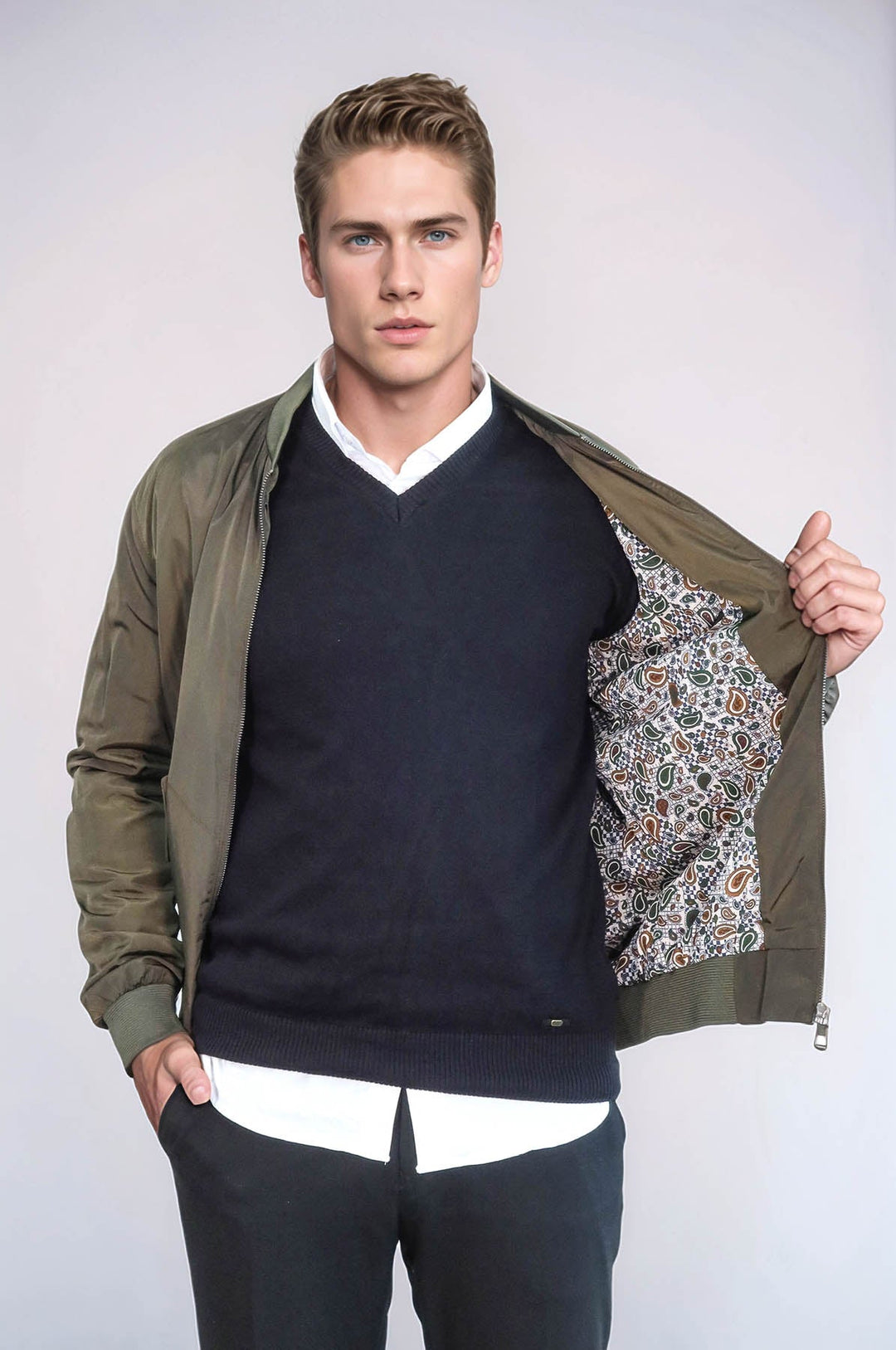 Zippered Flap Pockets Khaki Men Bomber Coat - Wessi