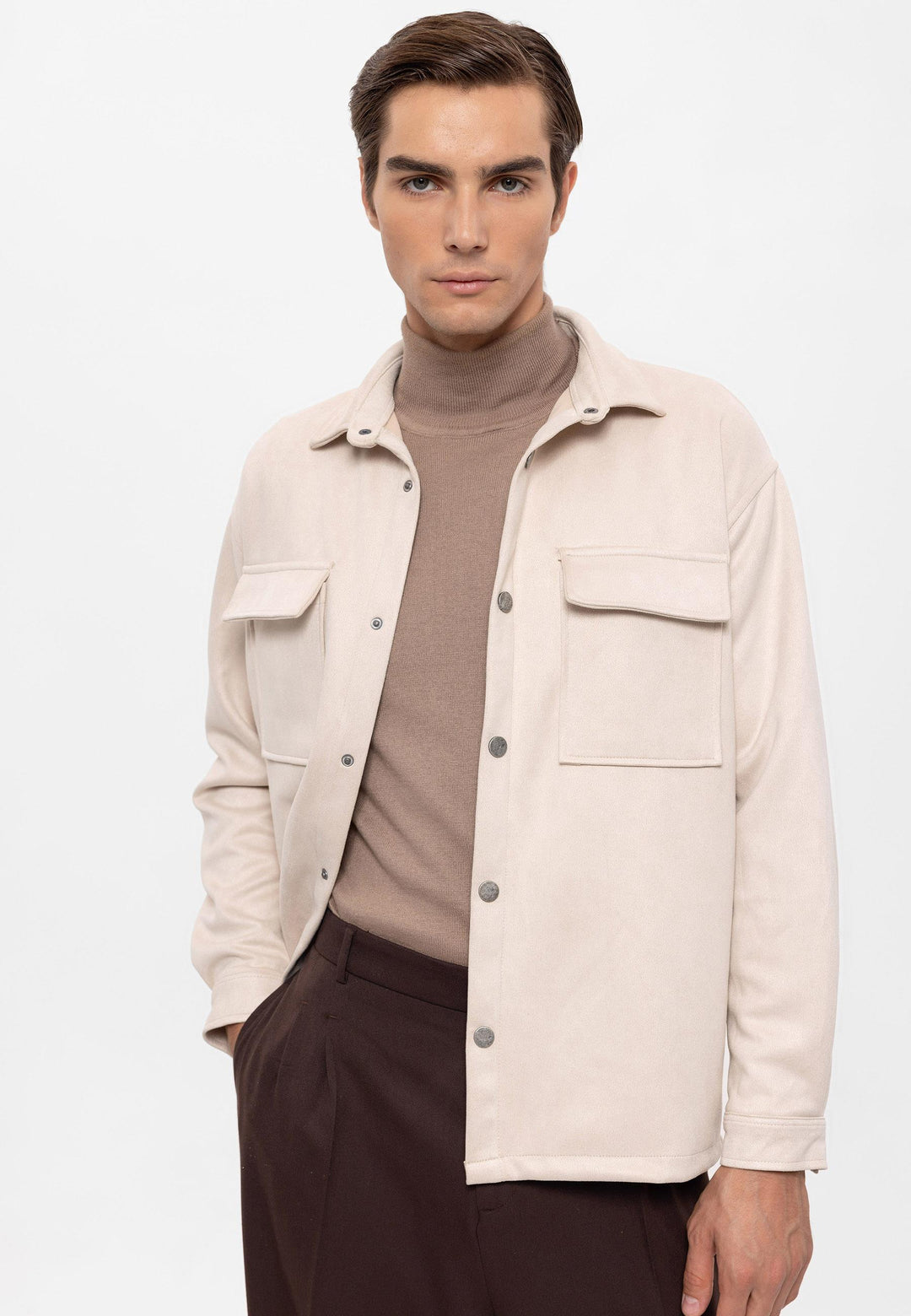 Men's Stone Suede Regular Fit  Shirt with Metal Buttons - Wessi