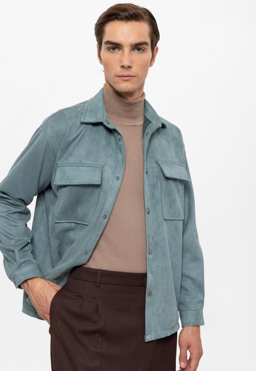 Men's Mint Suede Regular Fit  Shirt with Metal Buttons - Wessi