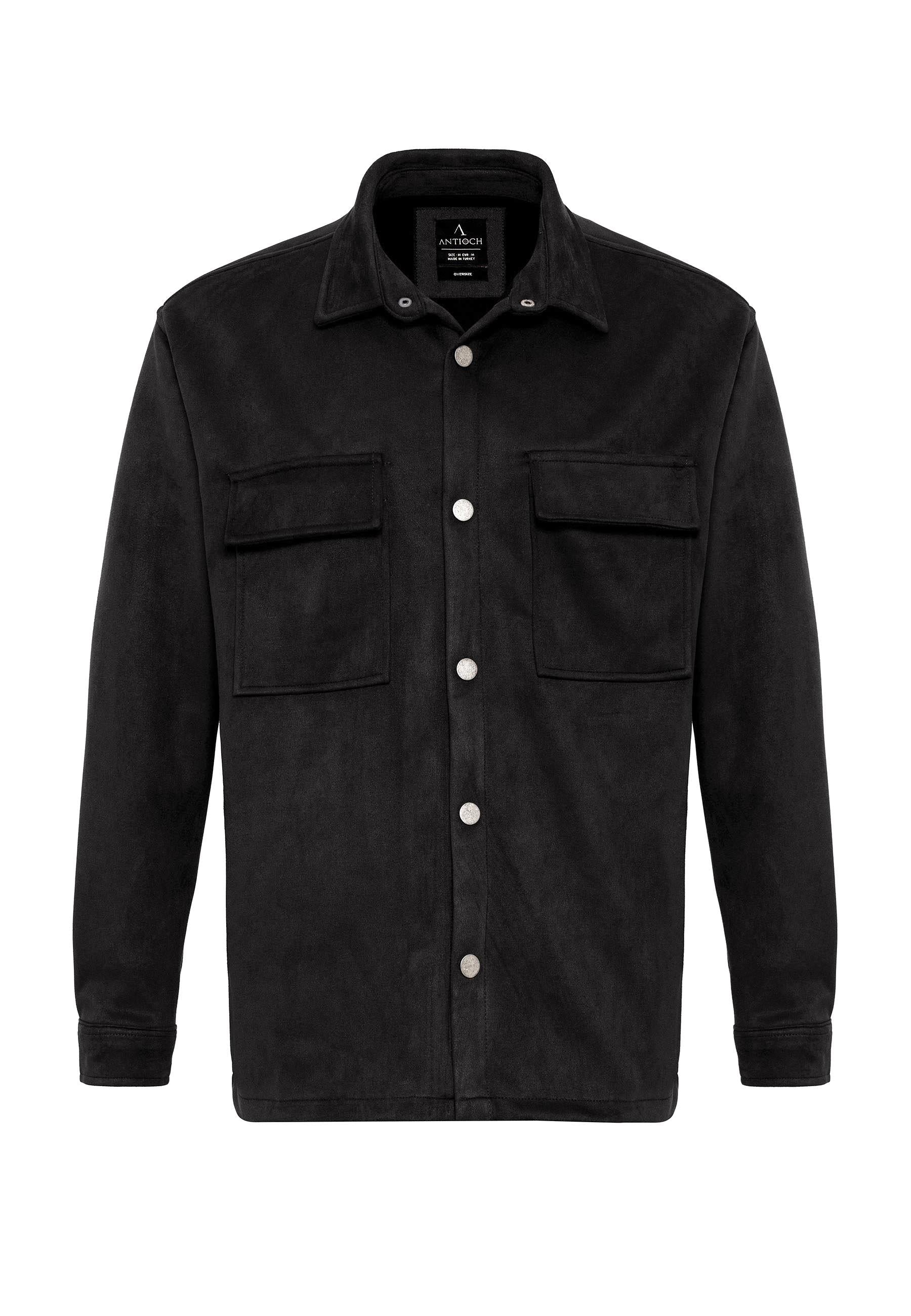 Men's Black Suede Regular Fit Shirt with Metal Buttons - Wessi Men's Black Suede Regular Fit Shirt with Metal Buttons - Wessi
