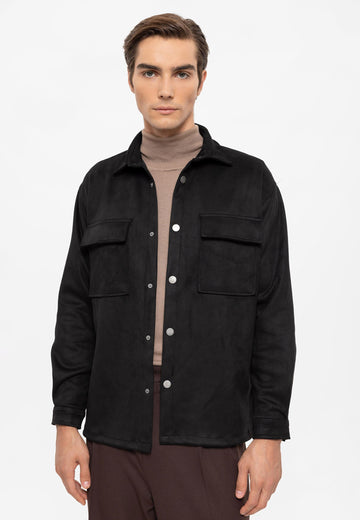 Men's Black Suede Regular Fit  Shirt with Metal Buttons - Wessi