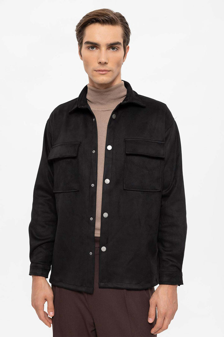 Men's Black Suede Regular Fit  Shirt with Metal Buttons - Wessi