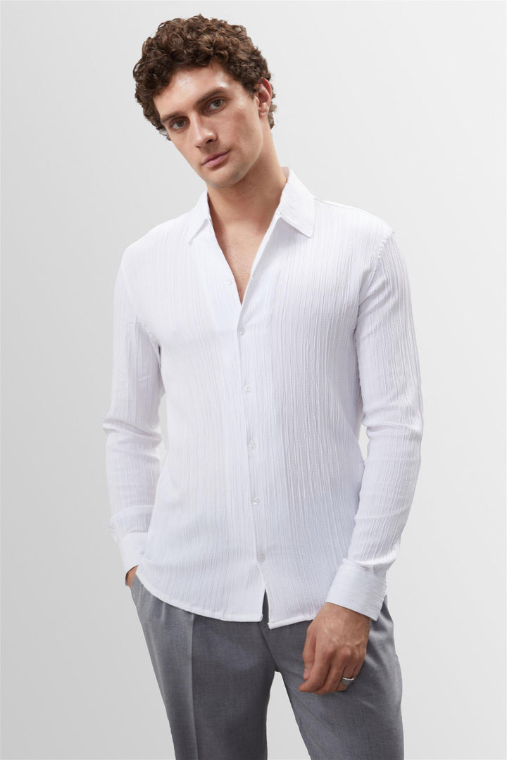 Camicia slim fit in tessuto di mussola bianca da uomo - Wessi