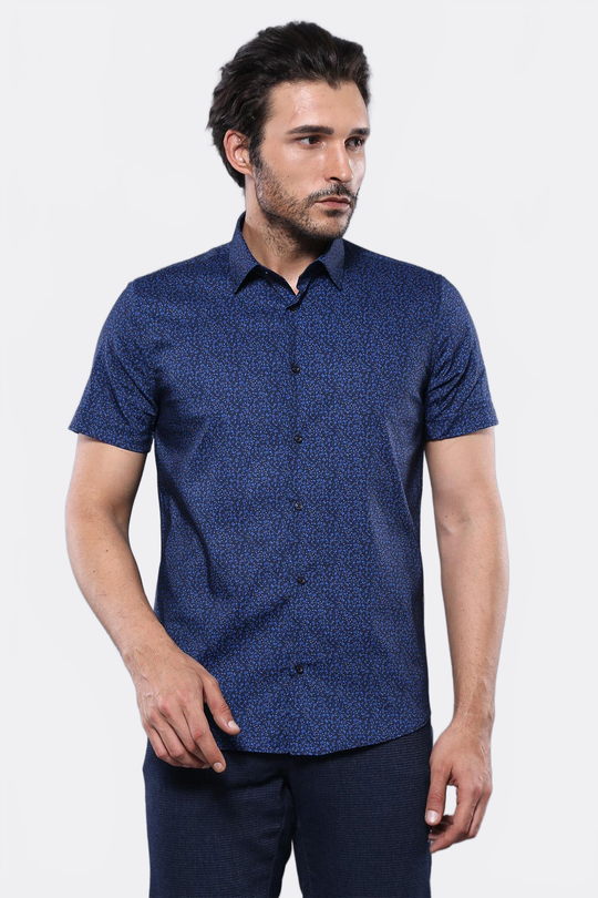 Patterned Short Sleeves Navy Blue Men Shirt – Wessi