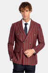 Wide Lapel Striped Double Breasted Burgundy Men Blazer - Wessi