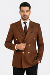Double Breasted Slim Fit Brown Men Blazer - Wessi