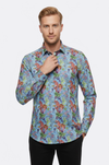 Red Floral Patterned Slim-Fit Long Sleeves Navy Blue Shirt - Wessi