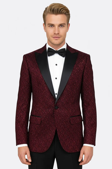 Patterned Burgundy Men's Tuxedo Jacket - Wessi