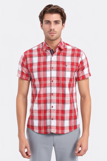 Checked Short Sleeve Burgundy Men Shirt
