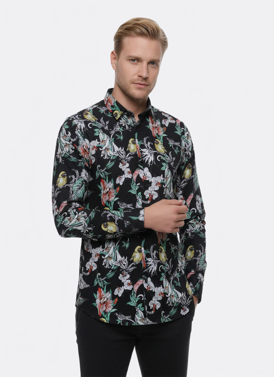 Floral Patterned Slim Fit Long Sleeves Black Men Shirt - Wessi Wessi - Discover Diversity Floral Patterned Slim Fit Long Sleeves Black Men Shirt - Wessi Wessi - Discover Diversity