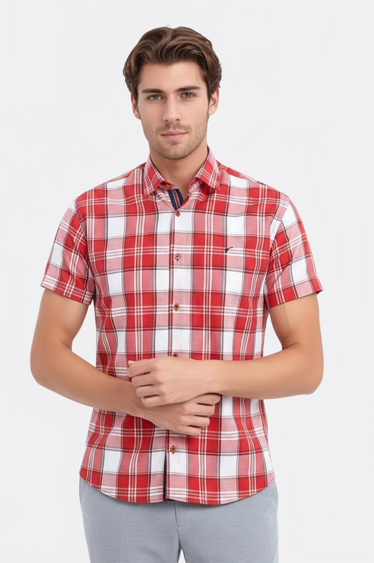 Checked Short Sleeve Burgundy Men Shirt - Wessi S / Red Checked Short Sleeve Burgundy Men Shirt - Wessi S / Red