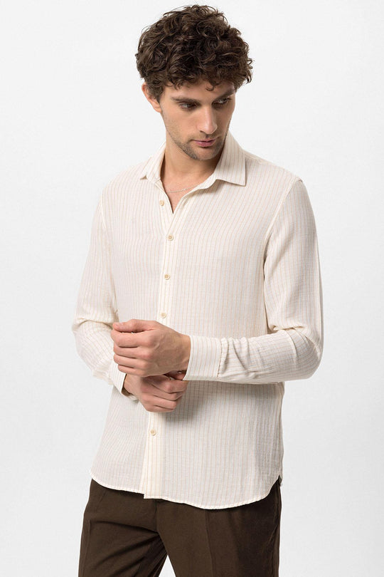 Men's Beige Cotton Striped  Shirt - Wessi