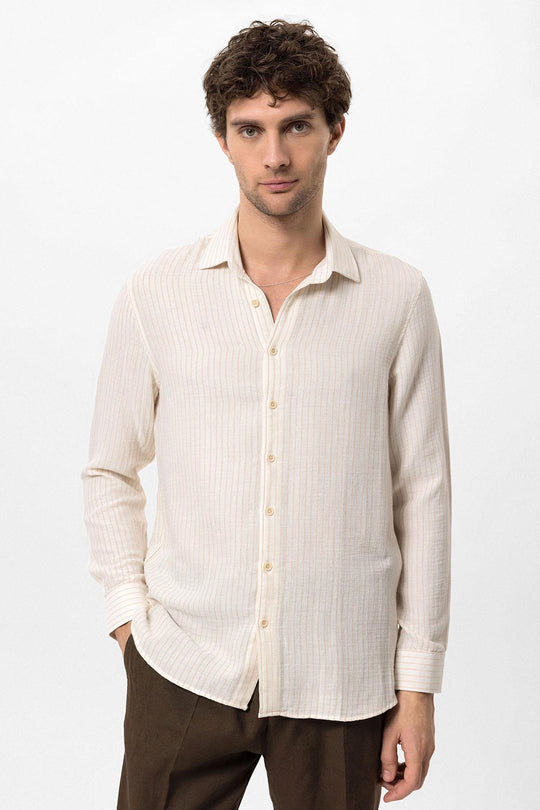 Men's Beige Cotton Striped  Shirt - Wessi