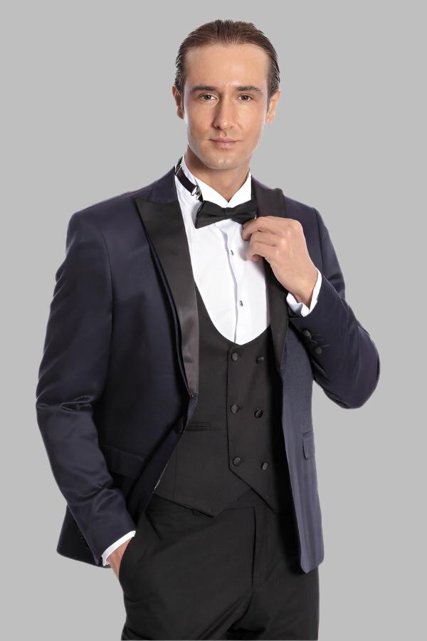 Patterned Combined Navy Blue Men Tuxedo - Wessi