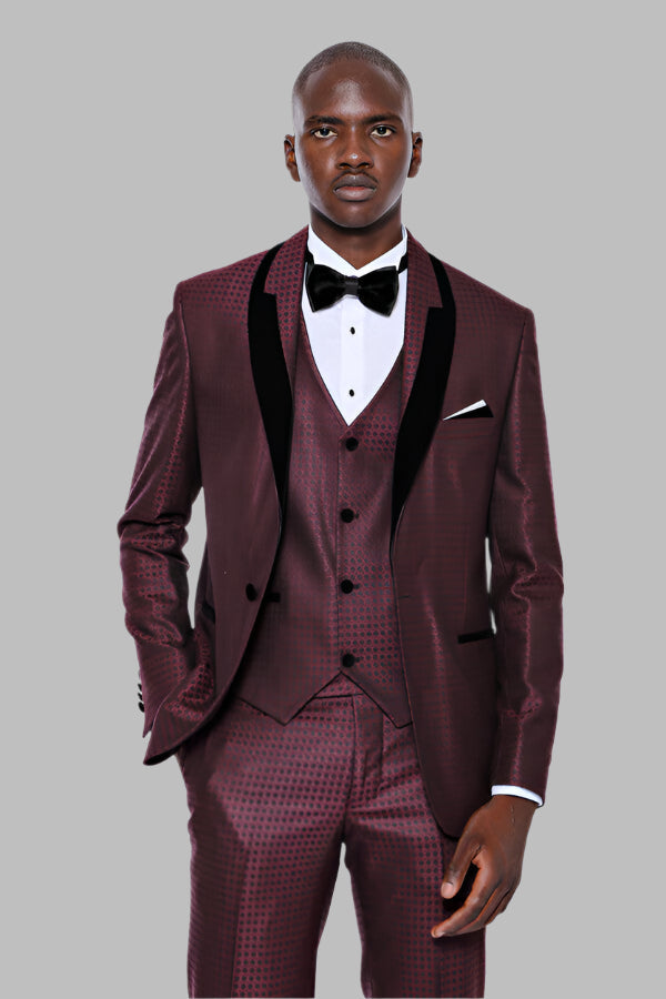 Traje de novio estampado solapa terciopelo burdeos - Wessi